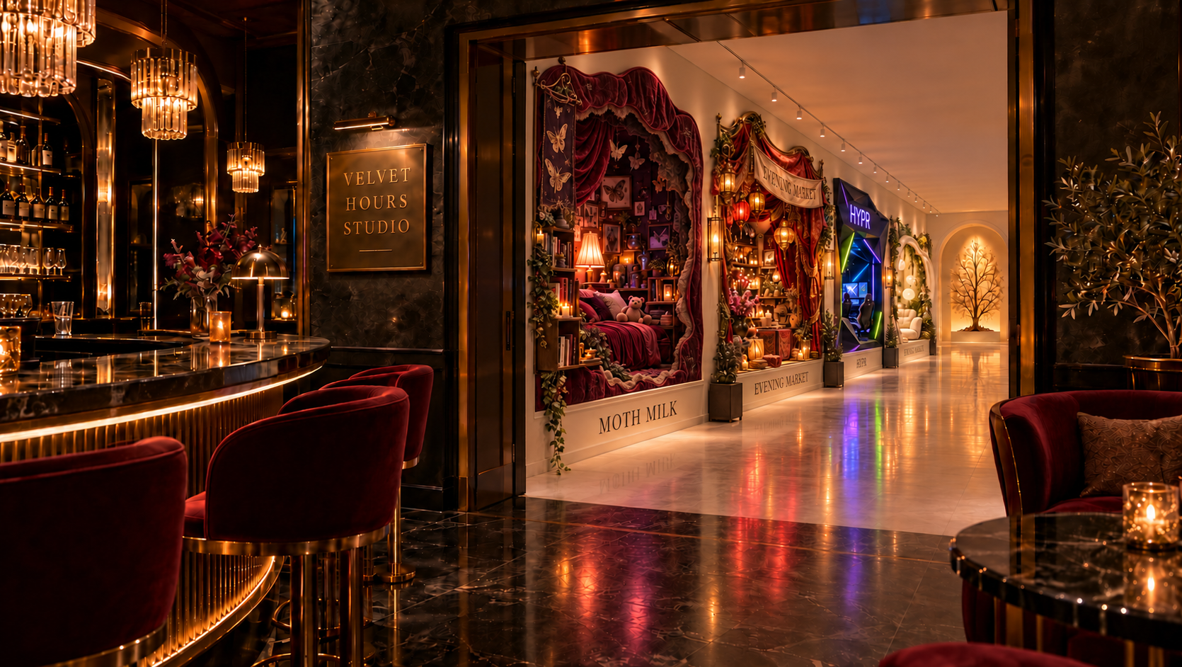 An amber-lit cocktail bar to the left, an exhibition gallery straight ahead, and a velvet lounge to the right.