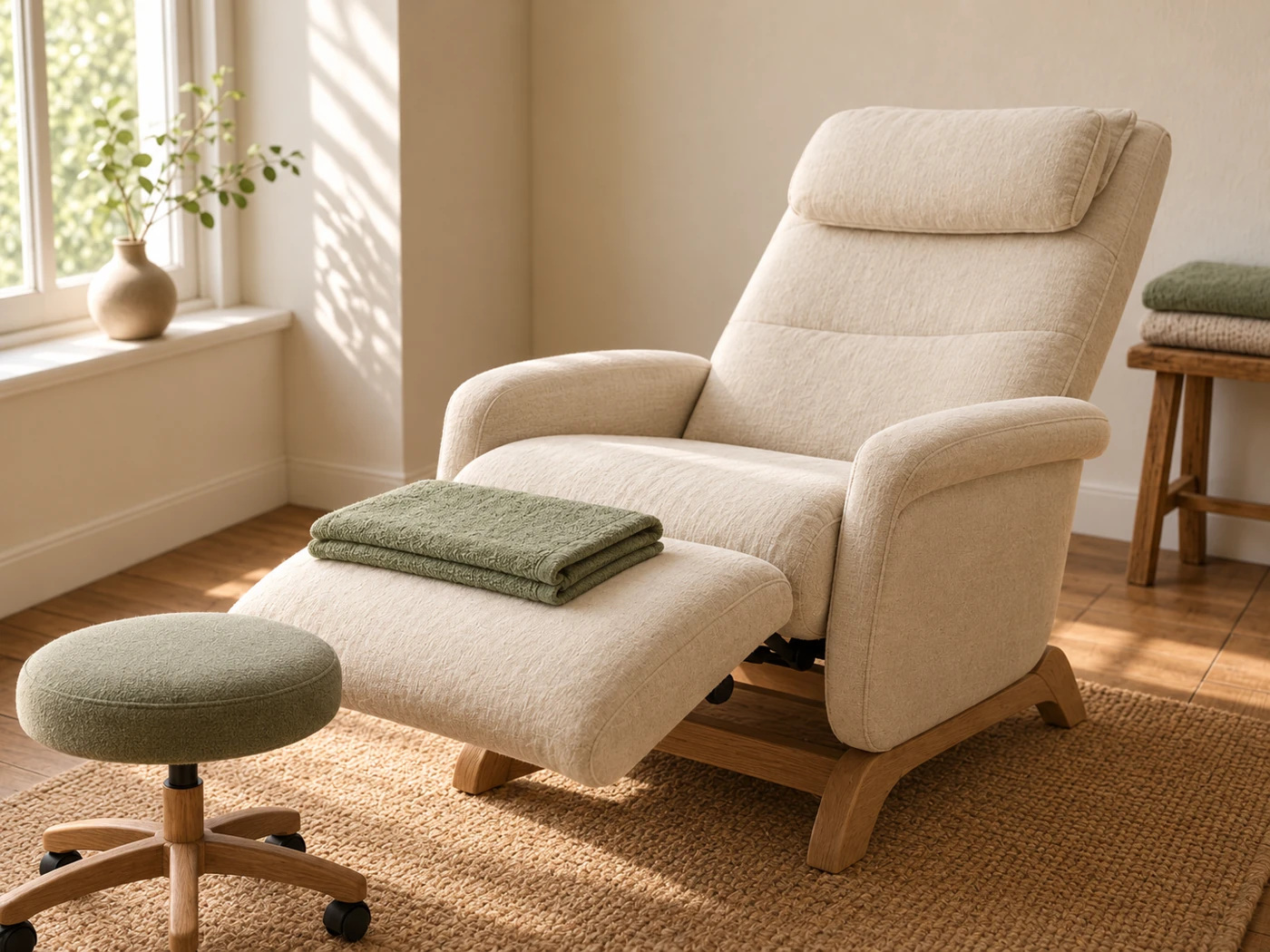 Illustration of a cushioned reclining reflexology chair with a raised footrest and a low practitioner stool in a sunlit cream room