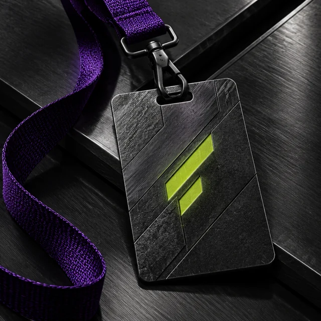 Concept illustration of a HYPR access pass on a purple lanyard