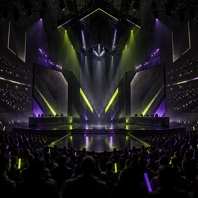 Concept illustration of a lime and violet broadcast stage