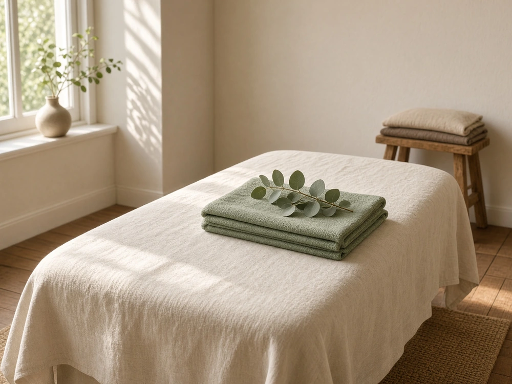 Bubbling Bliss's actual treatment room, with sage towels and eucalyptus