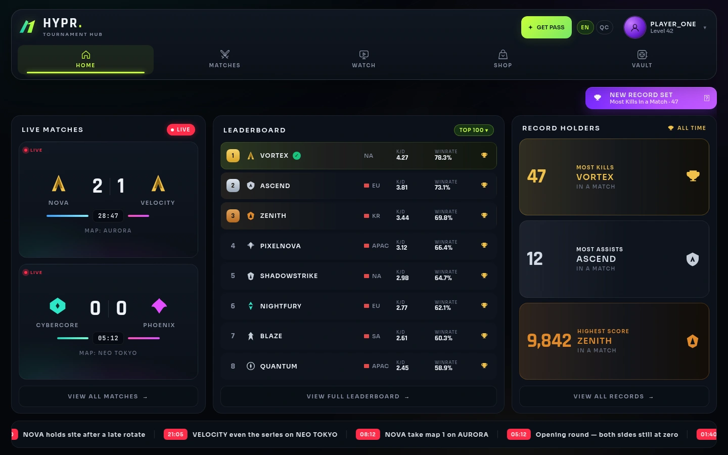 The actual HYPR tournament hub, showing live match scores and its leaderboard