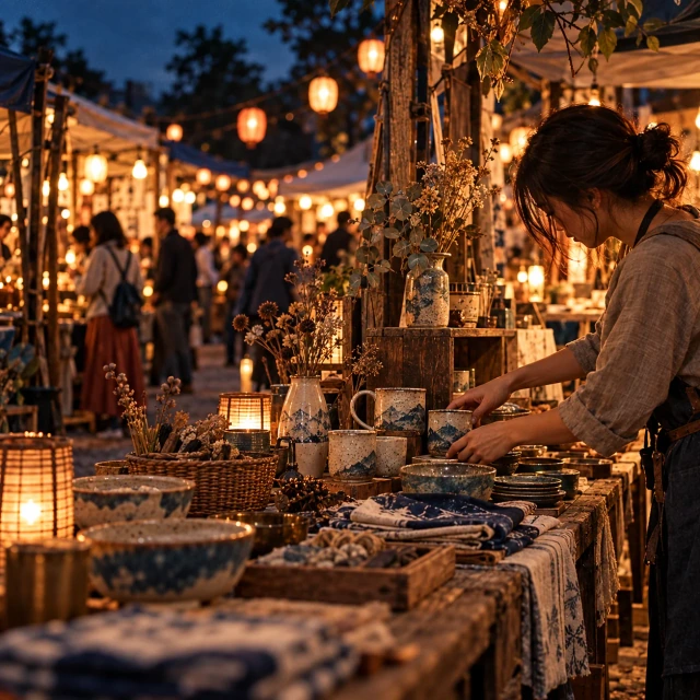 A maker arranging handmade pottery at Evening Market