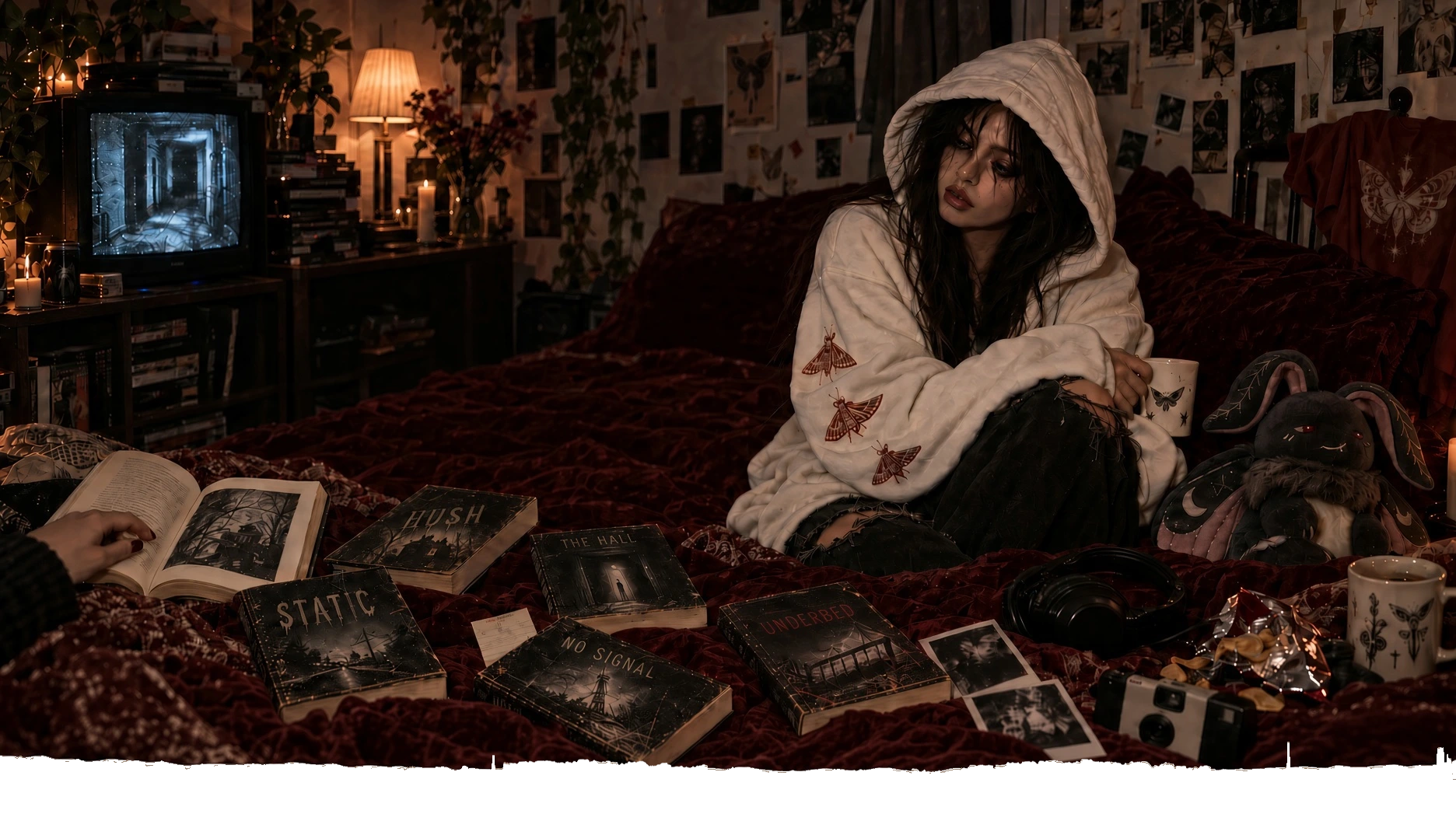 Moth Milk's after-hours bedroom, with a hooded reader, horror books, a glowing CRT and Mimi on a burgundy bed