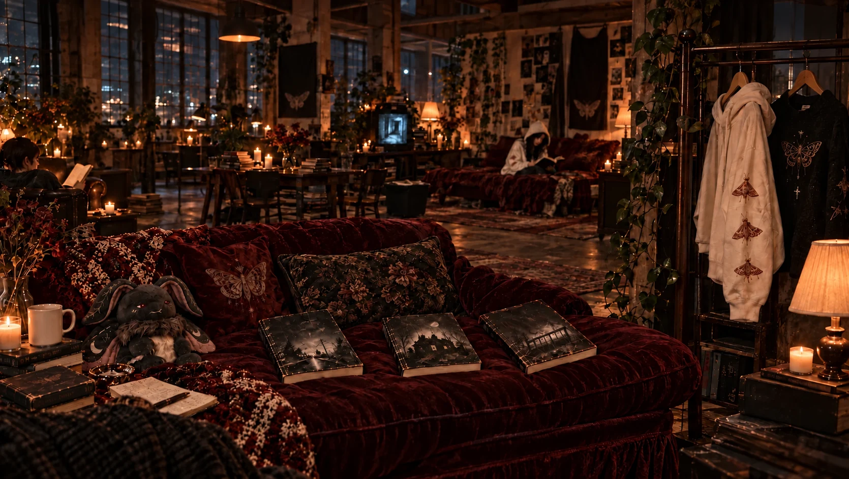 Your Corner's candlelit room, with books on a velvet sofa and clothes hanging beside a lamp