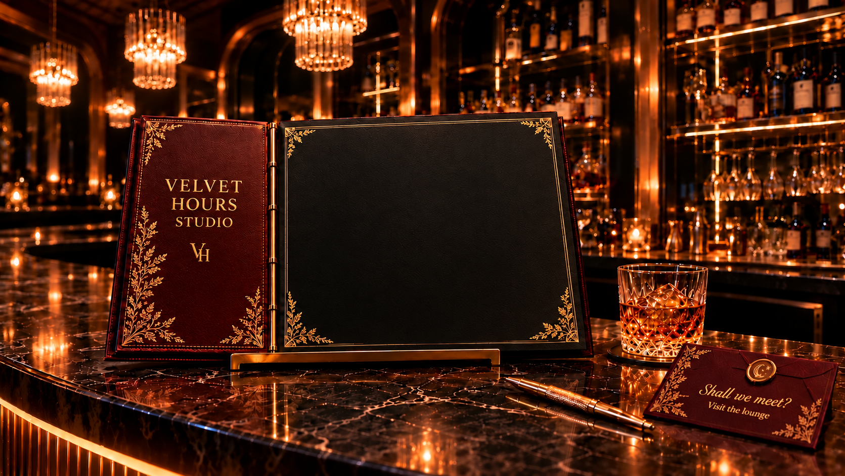 An open studio menu with Velvet Hours Studio and a VH monogram embossed in gold on its oxblood cover, beside an amber drink, invitation and pen.