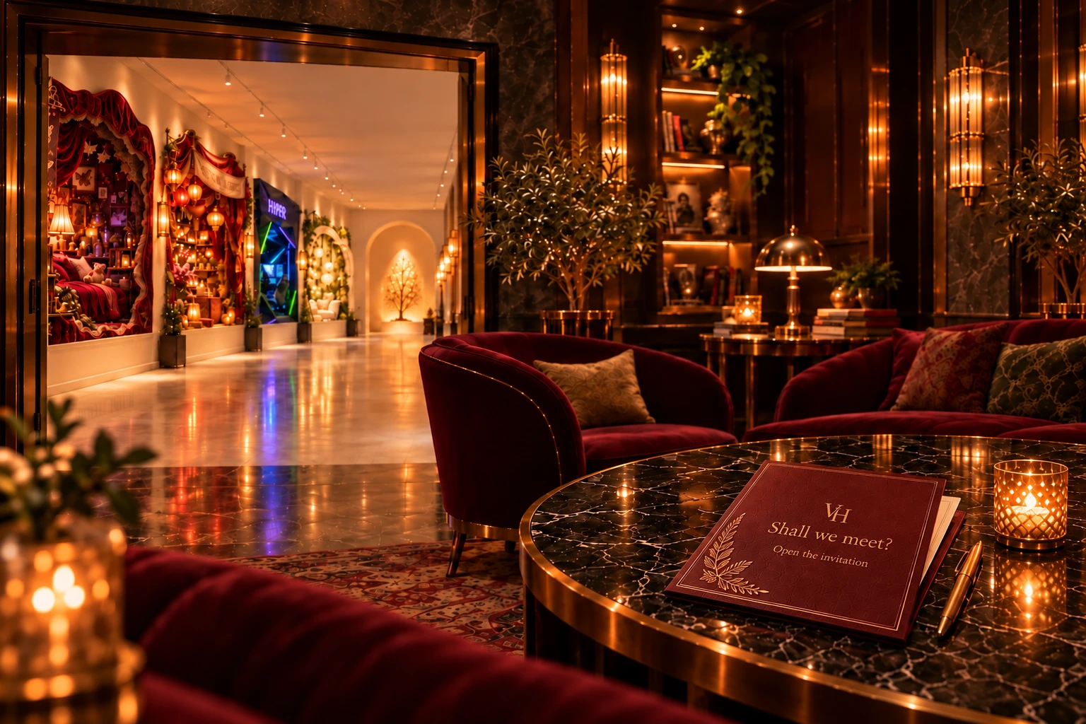 Burgundy velvet seating and warm brass lamps beside the studio’s four distinctive gallery exhibits. An oxblood invitation rests on the marble table.